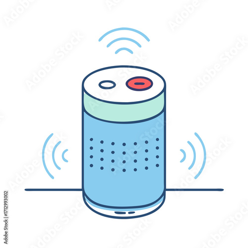 Cute illustration of a cylindrical smart speaker emitting wireless signal