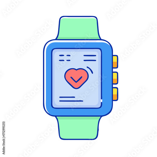 Cartoon illustration of smartwatch displaying a heart rate and fitness data