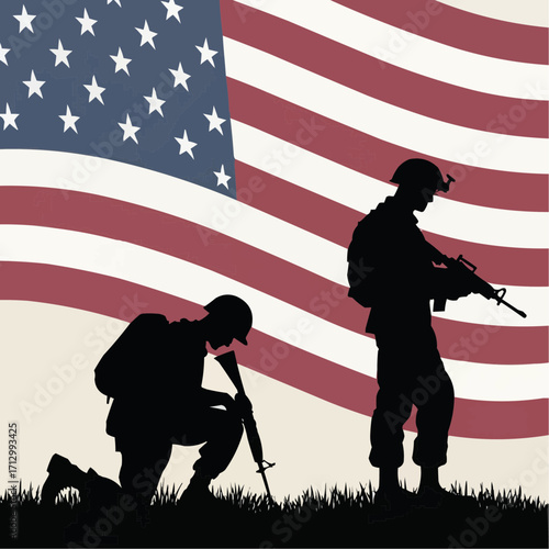 Two silhouetted soldiers with rifles in front of an american flag on a grassy field background scene