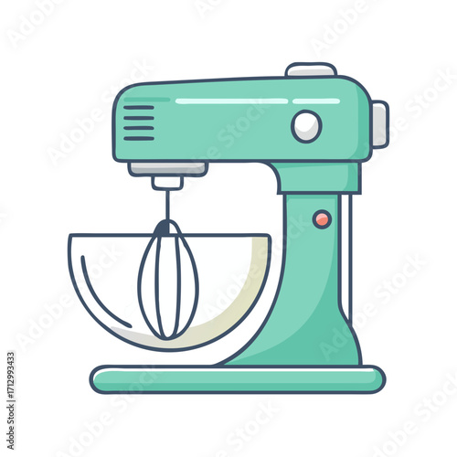 Illustration of a VintageStyle Turquoise Stand Mixer with Whisk and Bowl