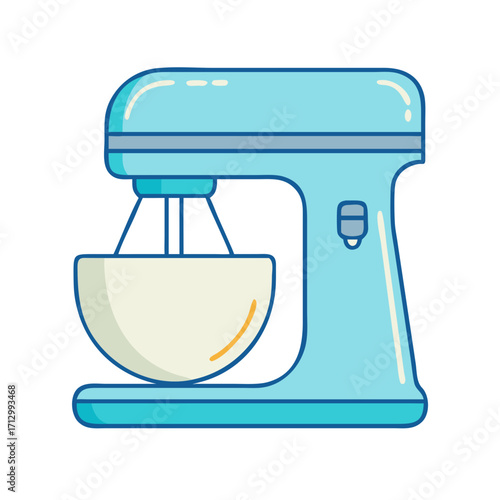 Light blue stand mixer with bowl and attachments ready for baking