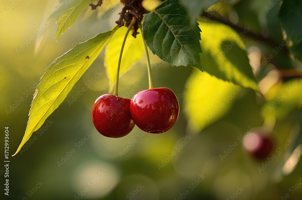 Obraz premium Ripe cherry fruits dangling from tree limbs, prepared for picking
