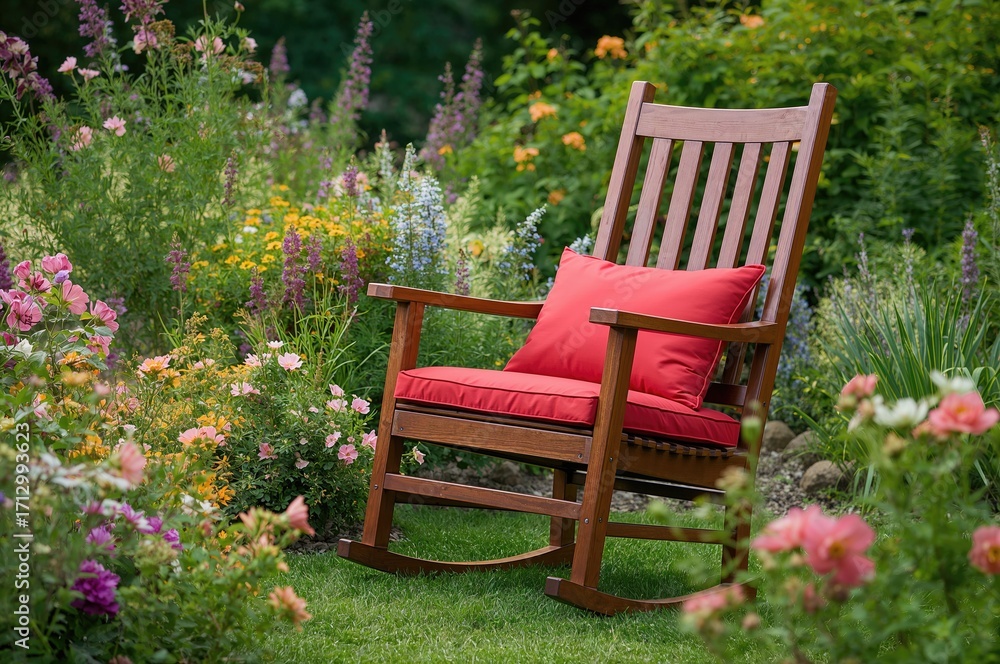 Obraz premium Cozy red rocking chair for outdoor use