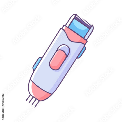 Illustrated cartoon hair trimmer or clipper with purple, pink, and blue accents
