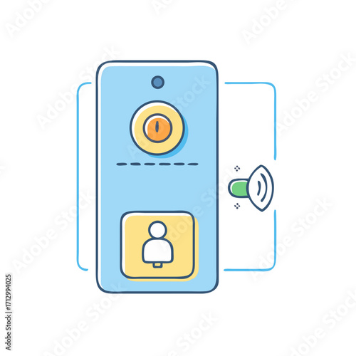 Cartoon of a blue smartphone with person icon and sound button