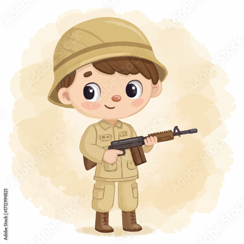 Illustration of a young boy in safari outfit holding a rifle with a light brown watercolor background effect
