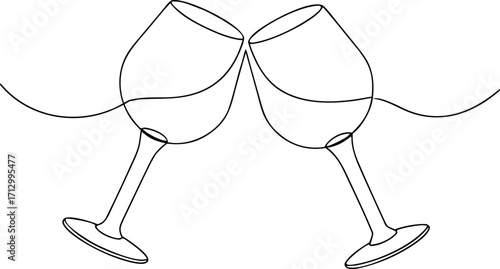 Two wine glasses clinking together in a continuous line drawing continous line art