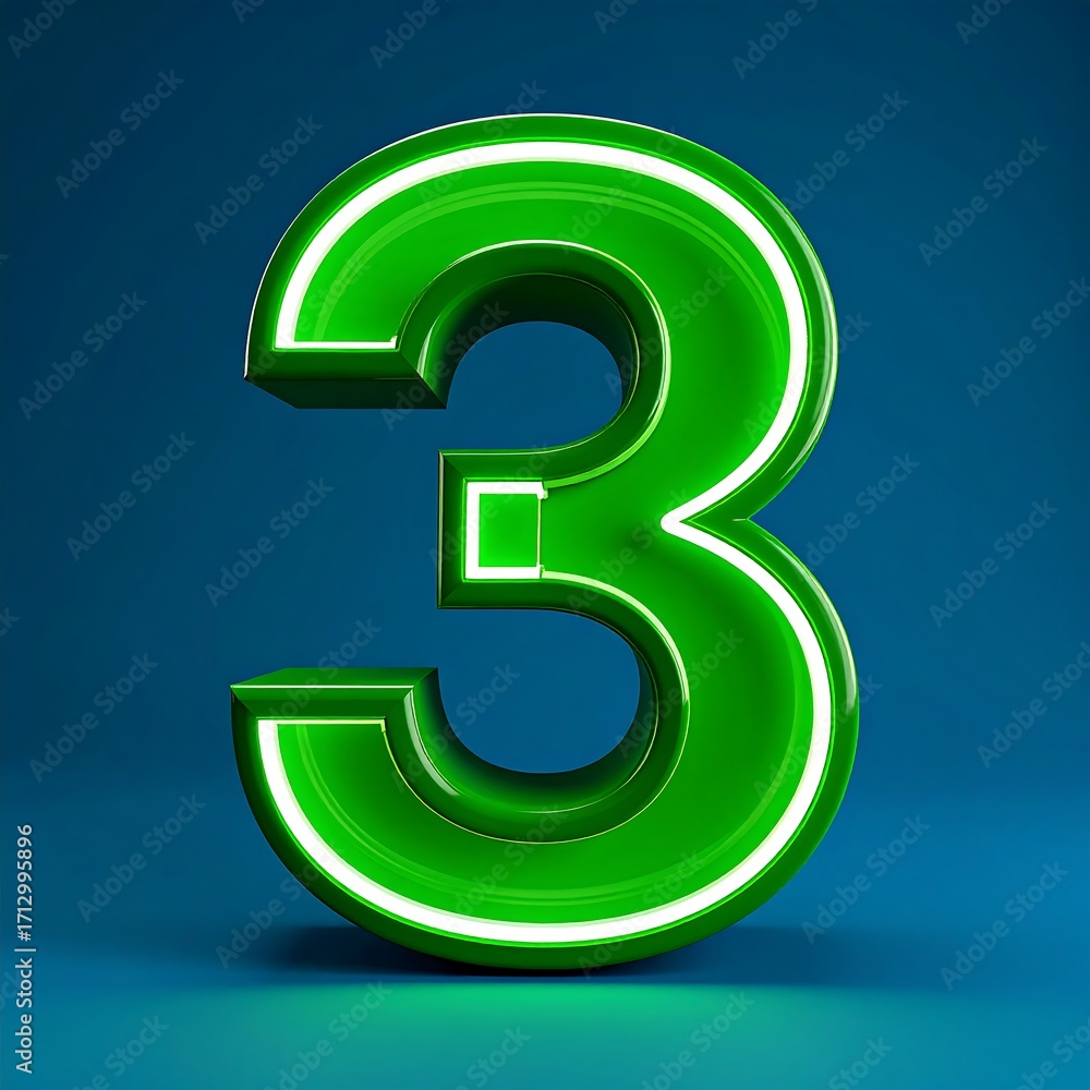 Fototapeta premium Bright green, neon-style number three on a blue background