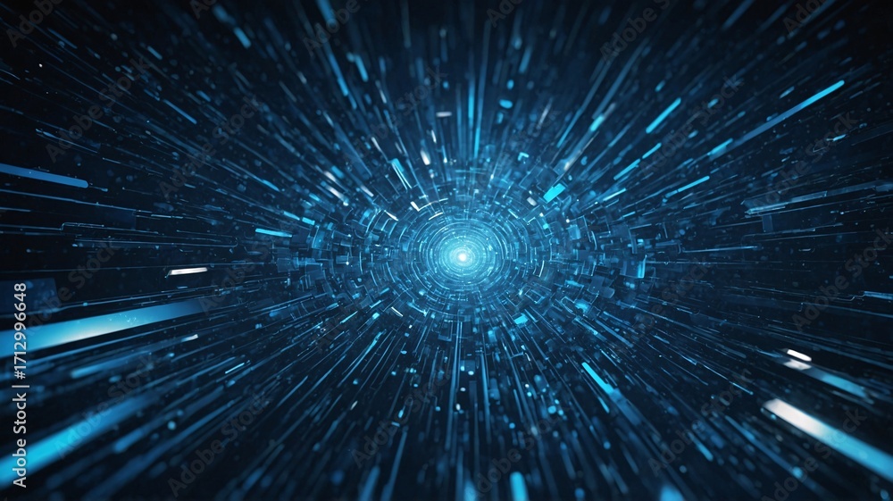 Obraz premium Abstract blue digital tunnel with light streaks illustrating motion and technology.