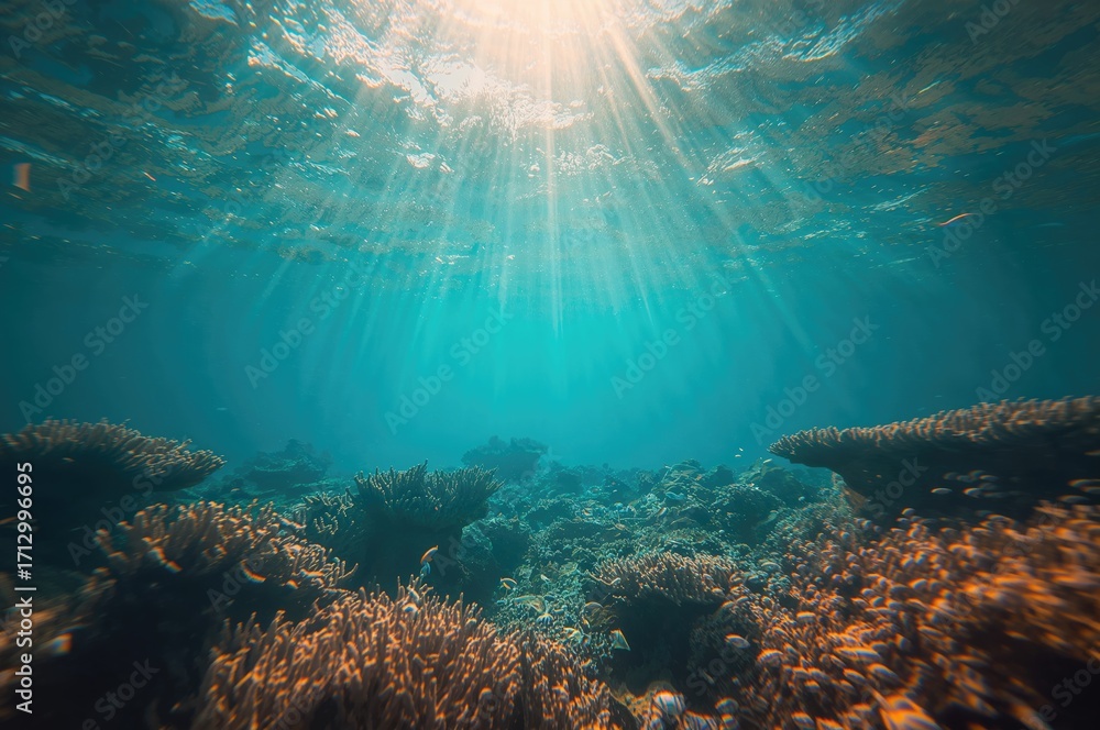 Fototapeta premium Underwater abstract landscape featuring coral reef and sunlight