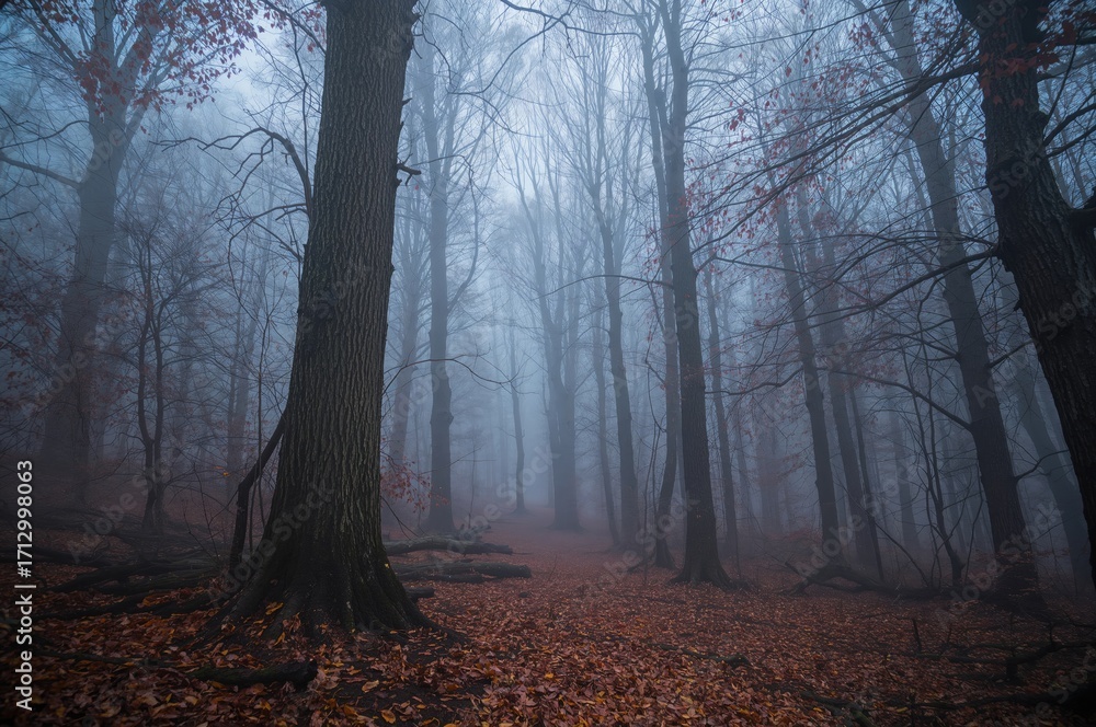 Fototapeta premium Misty forest landscape at dawn with an eerie atmosphere