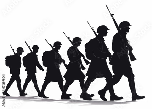 Silhouette of a line of soldiers marching with rifles and backpacks in a monochrome illustration style