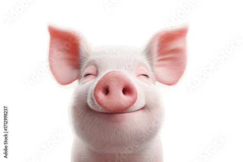 Smiling pig with closed eyes against white background, cut out