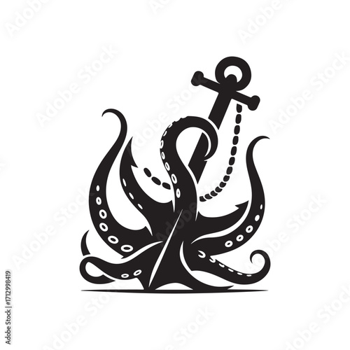 kraken tentacle dragging down anchor vector silhouette clip art logo design illustration