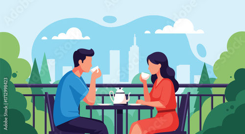 Flat style illustration of a couple enjoying tea on a balcony with a city skyline view, symbolizing relaxation, lifestyle, urban living, and modern relationships