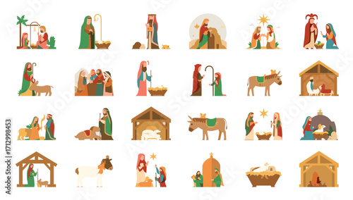 Nativity scene vector illustration set christmas story holy family jesus birth religious holiday celebration