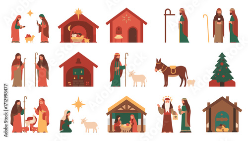 Christmas nativity scene vector illustration with mary joseph jesus and wise men holiday celebration and christmas tree