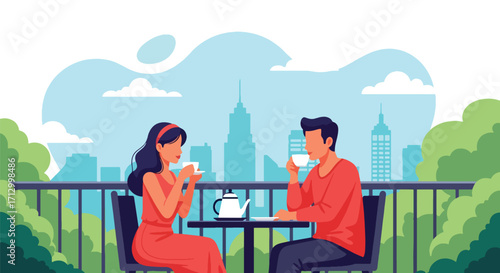 Flat style illustration of a couple enjoying tea on a balcony with a city skyline view, symbolizing relaxation, lifestyle, urban living, and modern relationships