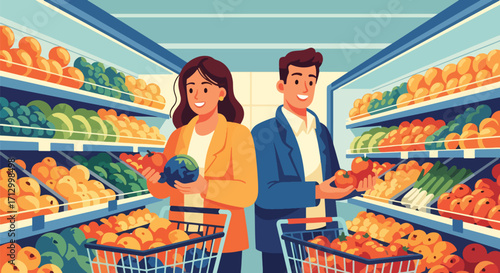 Flat style illustration of a couple grocery shopping together, selecting fresh fruits and vegetables, symbolizing healthy lifestyle, teamwork, and daily life activities