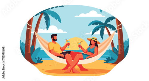 Flat style illustration of a couple relaxing on a hammock at the beach with drinks, enjoying a tropical sunset, symbolizing romance, vacation, leisure, and paradise lifestyle