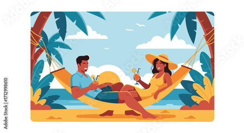 Flat style illustration of a couple relaxing on a hammock at the beach with drinks, enjoying a tropical sunset, symbolizing romance, vacation, leisure, and paradise lifestyle