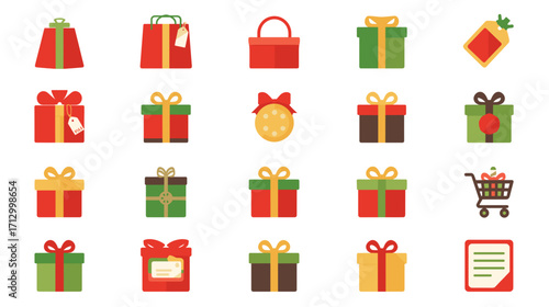 Gift present box shopping bag christmas holiday celebration birthday surprise package ribbon bow vector icon set