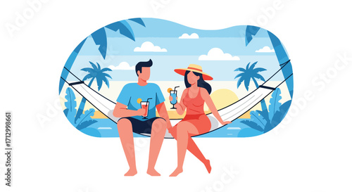 Flat style illustration of a couple relaxing on a hammock at the beach with drinks, enjoying a tropical sunset, symbolizing romance, vacation, leisure, and paradise lifestyle