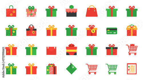 Gifts christmas present shopping bag online store credit card cart holiday sale gift box flat vector icon