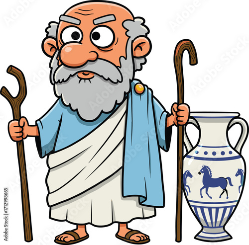 Ancient Greek philosopher cartoon, elder with toga and staff, decorative amphora, historical character design, educational illustration, wisdom, culture, tradition