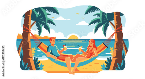 Flat style illustration of a couple relaxing on a hammock at the beach with drinks, enjoying a tropical sunset, symbolizing romance, vacation, leisure, and paradise lifestyle