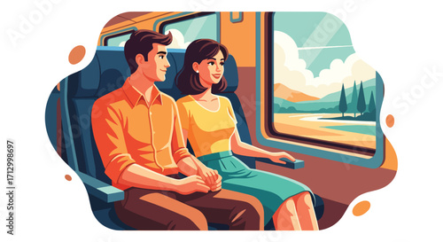 Flat style illustration of a couple traveling by train, holding hands and enjoying scenic views, symbolizing romance, adventure, journey, and leisure travel