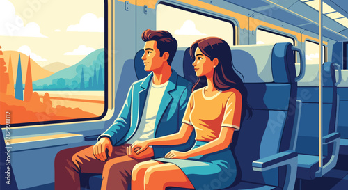 Flat style illustration of a couple traveling by train, holding hands and enjoying scenic views, symbolizing romance, adventure, journey, and leisure travel