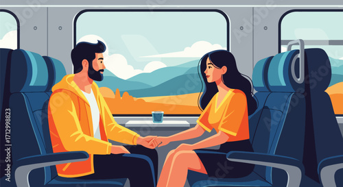 Flat style illustration of a couple traveling by train, holding hands and enjoying scenic views, symbolizing romance, adventure, journey, and leisure travel