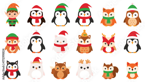 Christmas animals penguin owl fox elf reindeer cute winter holiday season festive cartoon illustration