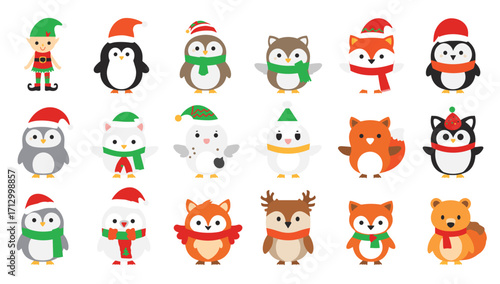 Christmas animals elf penguin owl fox squirrel winter holiday season festive cute cartoon vector illustration