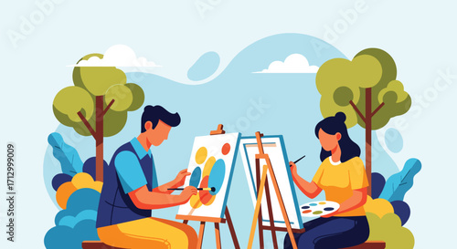 Flat style illustration of a couple painting on canvases outdoors, symbolizing creativity, art, relaxation, and leisure activities in a scenic natural environment