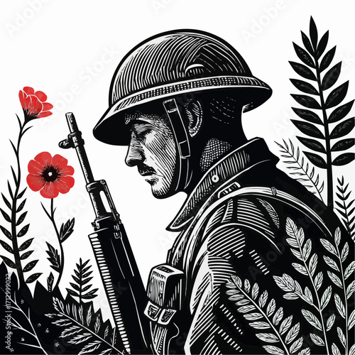 A soldier in helmet with rifle surrounded by poppies and foliage in a stylized black and white drawing