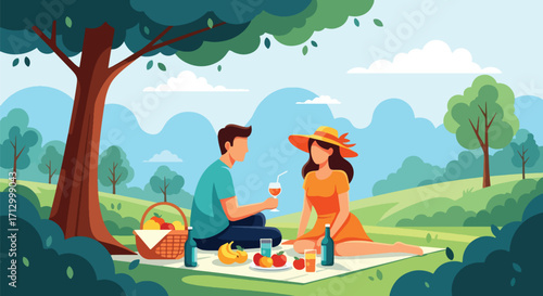 Flat style illustration of a couple having a picnic in the park with fruits, drinks, and a basket, symbolizing leisure, romance, relaxation, and outdoor lifestyle
