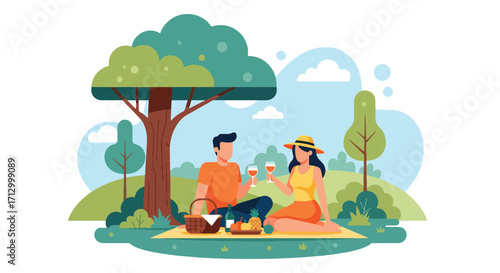 Flat style illustration of a couple having a picnic in the park with fruits, drinks, and a basket, symbolizing leisure, romance, relaxation, and outdoor lifestyle