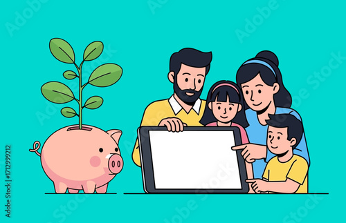 Family Learning About Savings and Future Investments with Digital Tablet and Piggy Bank Illustration