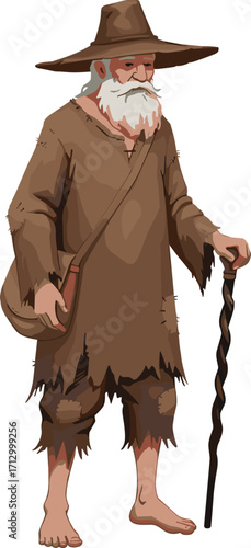 Aging wanderer, rustic clothing, tattered robe, wide-brimmed hat, twisted staff, ancient traveler, barefoot elder, colored artwork, black and white illustration, comparison