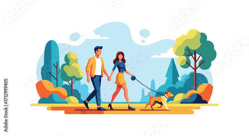 Flat style illustration of a couple walking their dog in a scenic park, symbolizing love, companionship, outdoor lifestyle, leisure, and healthy living with pets