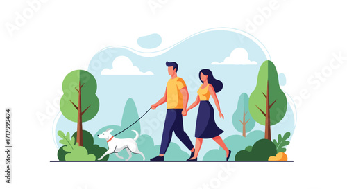 Flat style illustration of a couple walking their dog in a scenic park, symbolizing love, companionship, outdoor lifestyle, leisure, and healthy living with pets