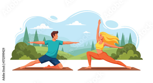 Flat style illustration of a couple practicing yoga outdoors on mats in a scenic natural landscape, symbolizing wellness, mindfulness, fitness, balance, and a healthy lifestyle