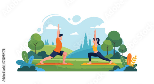 Flat style illustration of a couple practicing yoga outdoors on mats in a scenic natural landscape, symbolizing wellness, mindfulness, fitness, balance, and a healthy lifestyle