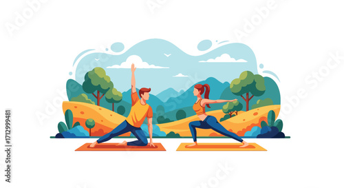 Flat style illustration of a couple practicing yoga outdoors on mats in a scenic natural landscape, symbolizing wellness, mindfulness, fitness, balance, and a healthy lifestyle