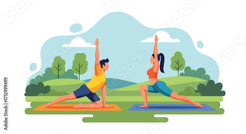 Flat style illustration of a couple practicing yoga outdoors on mats in a scenic natural landscape, symbolizing wellness, mindfulness, fitness, balance, and a healthy lifestyle