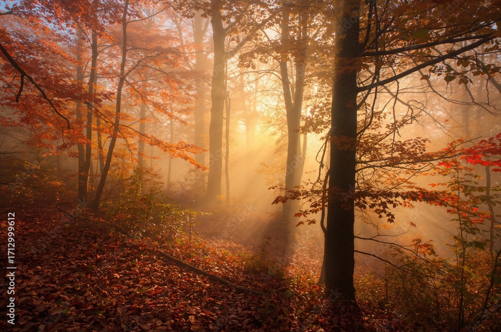 Fototapeta premium Misty atmosphere illuminates colorful fall forest