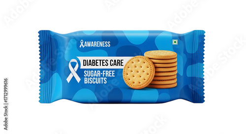 A blue packet of sugarfree biscuits for diabetes care isolated on transparent background