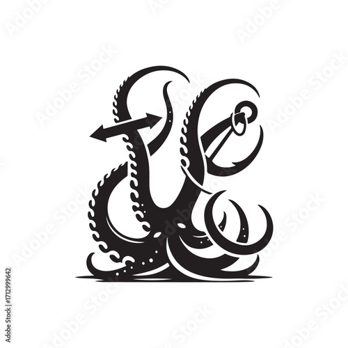 kraken tentacle dragging down anchor vector silhouette clip art logo design illustration